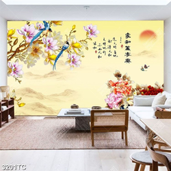 Tranh hoa mộc lan và hoa mẫu đơn thư pháp