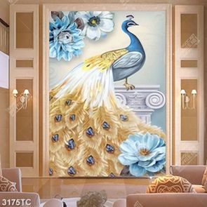 Tranh lụa chim công nền canvas