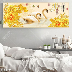 Tranh chim thiên nga và hoa mẫu đơn