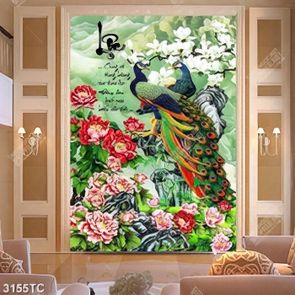 Tranh chim công và thư pháp chữ Lộc