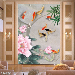 Tranh hoa mẫu đơn và cá chép nền 3D