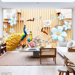 Tranh lụa 3D chim công và hoa