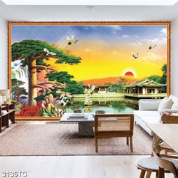 Tranh thư pháp cây tùng và ngôi đền trên sông