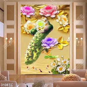 Tranh chim công và hoa Sen, cá chép