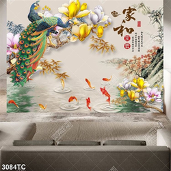 Tranh cá chép, chim công và hoa mộc lan