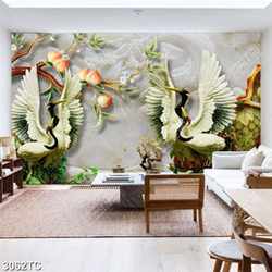 Tranh chim Hạc và quả đào nền đá 3D in gạch đẹp