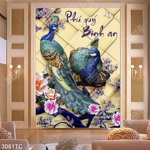 Tranh điêu khắc gỗ chim công và mộc lan 3D