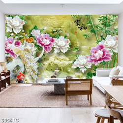 Tranh hoa mẫu đơn và chim công nền giả ngọc đẹp