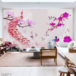 Tranh chim công trên cành hoa mẫu đơn và bình cổ