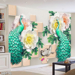 Tranh đôi chim công xanh và hoa