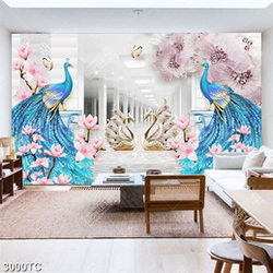 Tranh lụa 3D đôi chim công và chim thiên nga