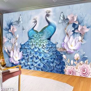 Tranh lụa 3D đôi chim công xanh và hoa mộc lan