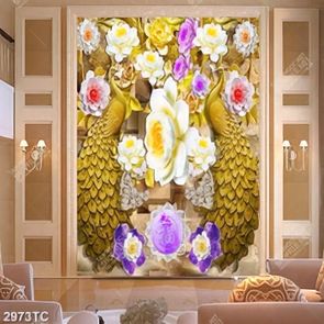 Tranh lụa 3D đôi chim công vàng