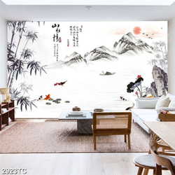 Tranh thư pháp tre và hoa Sen cá chép