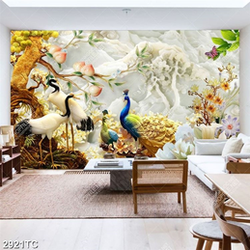 Tranh chim Hạc và chim công nền giả ngọc