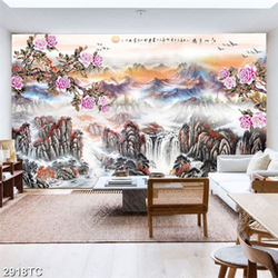 Tranh sơn dầu cảnh thác và núi mùa xuân