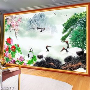 Tranh hoa mẫu đơn và cây tùng