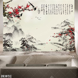 Tranh hoa đào và cảnh núi