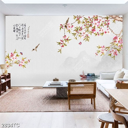 Tranh cây đào và chữ thư pháp