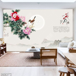 Tranh hoa mẫu đơn và chữ thư pháp