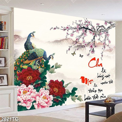 Tranh thư pháp Cha Mẹ và chim công