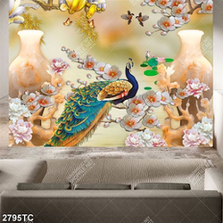 Tranh bình hoa và chim công giả ngọc