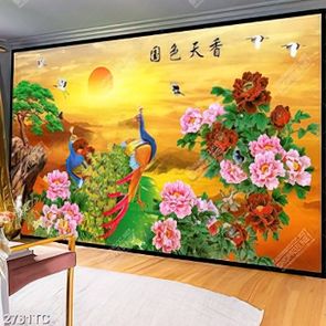 Tranh chim công và hoa mẫu đơn hoàng hôn