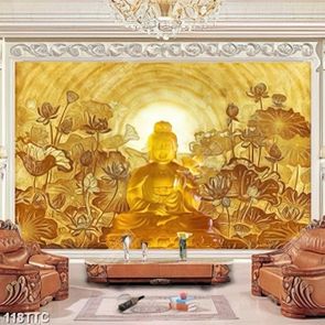 Tranh trúc chỉ 3d phật quan âm bên đầm hoa sen