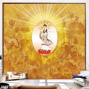 Tranh trúc chỉ trang trí hoa sen bên phật quan âm