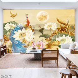 Tranh chim công và hoa Sen điêu khắc