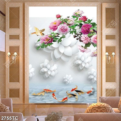 Tranh cá chép và hoa mẫu đơn dán tường đẹp