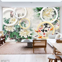 Tranh 3D hoa mẫu đơn và cá chép