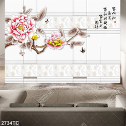 Tranh hoa mẫu đơn và thư pháp in gạch đẹp