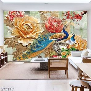 Tranh điêu khắc hoa mẫu đơn và chim công