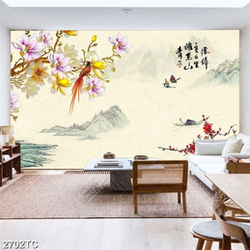 Tranh hoa mộc lan và cảnh sông núi