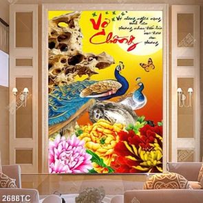 Tranh thư pháp Vợ Chồng và đôi chim công đẹp