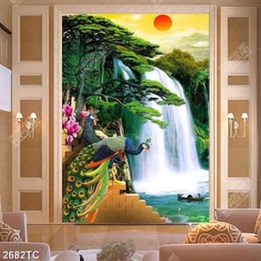 Tranh đôi chim công và thác nước phong thủy