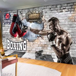 Tranh phong gym nam võ sỹ  đánh boxing mạnh mẽ trên bức tường gạch