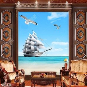 Tranh con thuyền trên mặt nước tỉnh lặng in kính