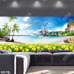 Tranh bãi biển hàng dừa xanh bên vườn hoa và chiếc thuyền