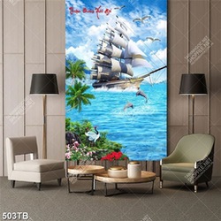 Tranh chiếc thuyền và đàn cá heo vượt biển đẹp nhất