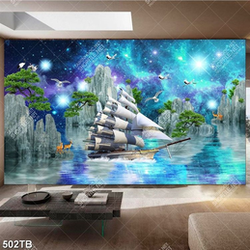 Tranh dán tường chiếc thuyền và núi đá  chất lượng cao