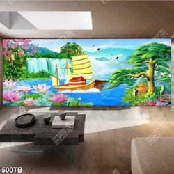 Tranh sơn dầu thuyền nhỏ và thác nước lớn file gốc