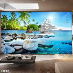 Tranh gắn tường chiếc thuyền bên hàng dừa xanh và bãi đá