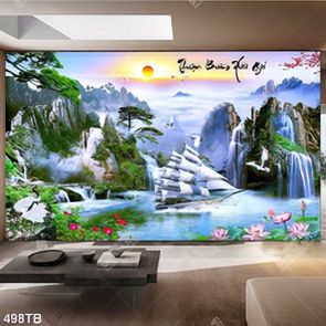 Tranh phong cảnh nghệ thuật thuyền và hoa sen bên thác nước chất lượng cao