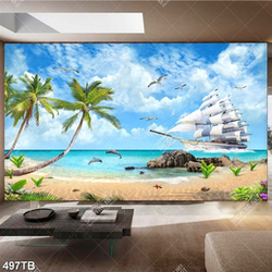 Tranh đại dương chiếc thuyền bên hàng dừa và cá heo đẹp nhất