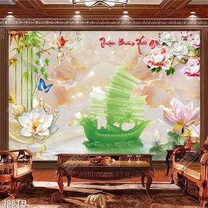 Tranh giả ngọc thuyền rồng xanh ngọc bích và hoa sen file gốc