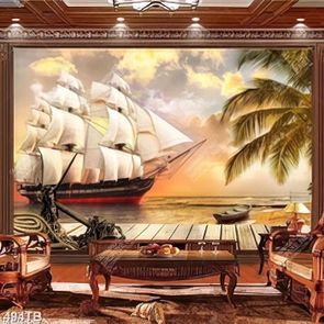 Tranh trang trí tường thuyền buồm bên bãi cát vàng