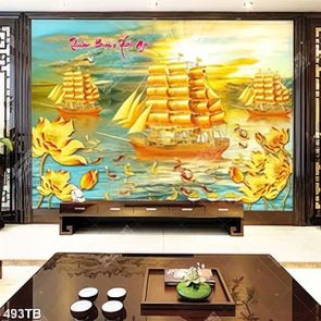 Tranh 3D giả ngọc những con thuyền vàng và đàn cá chép
