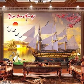 Tranh trang trí phòng những chiếc thuyền bên cành đào đỏ nghệ thuật